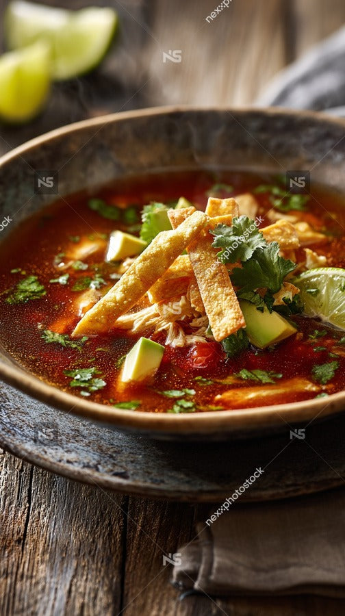 A Bowl Of Tostada Soup With Tortilla Chips And Garnishes On A Wooden Table — Stock Photo