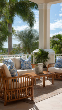 Shows A Serene Outdoor Setting With A Patio Area A Wooden Table And Chairs — Stock Photo