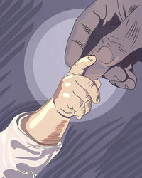 Human Hand Reaching Out To A Baby In A Dark Room With A Soft Light Source Illuminating The Scene From Behind — Stock Illustration