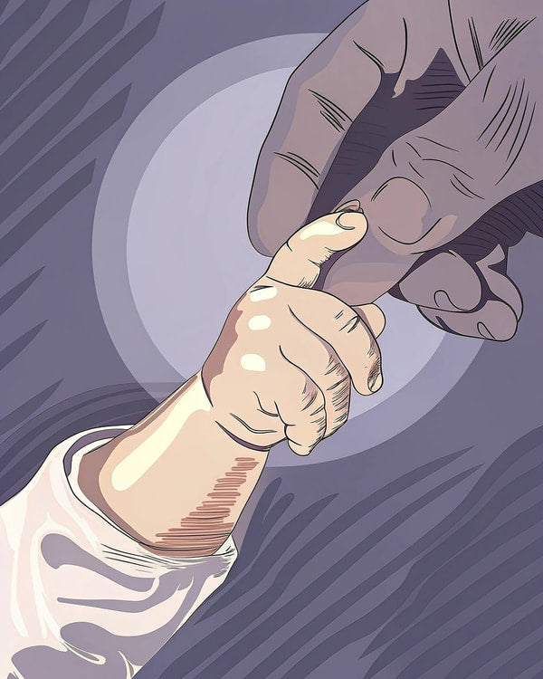 Human Hand Reaching Out To A Baby In A Dark Room With A Soft Light Source Illuminating The Scene From Behind — Stock Illustration