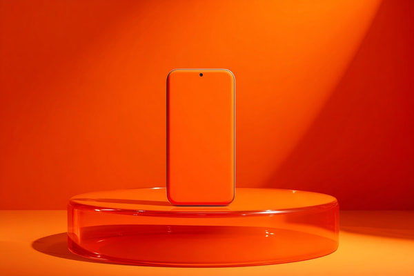 Shows A Smartphone Placed On A Red Surface With A Gradient Background That Transitions From Orange To Red — Stock Photo