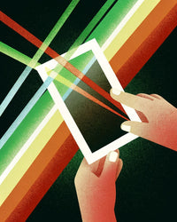 A Digital Artwork A Hand Holding A Tablet Against A Backdrop Of Colorful Lines — Stock Illustration