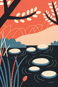 A Tranquil River Scene With A Tree Rocks And A Bridge In The Background — Stock Illustration