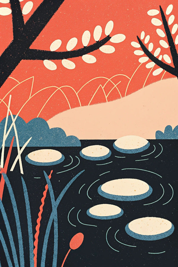 A Tranquil River Scene With A Tree Rocks And A Bridge In The Background — Stock Illustration