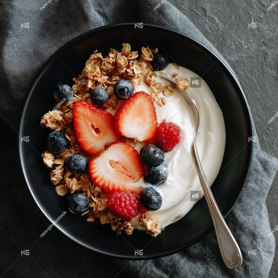 A Bowl Of Cereal Topped With Yogurt And Berries Served On A Gray Tablecloth — Stock Photo