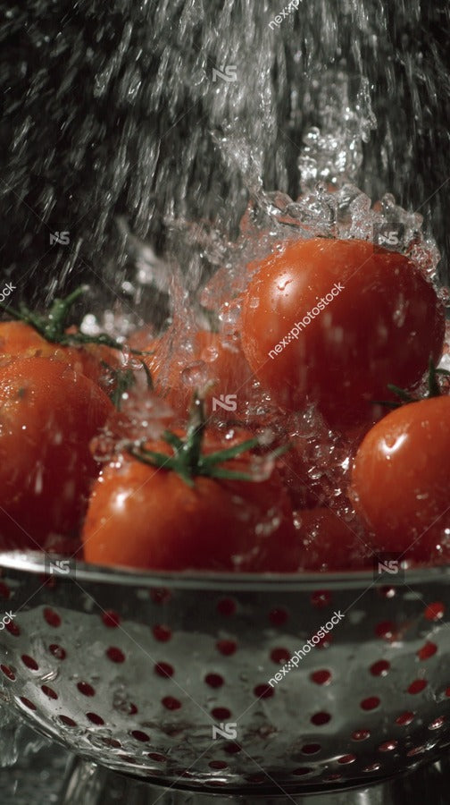 Shows A Silver Colander Filled With Red Tomatoes Being Rinsed Under A Stream Of Water — Stock Photo