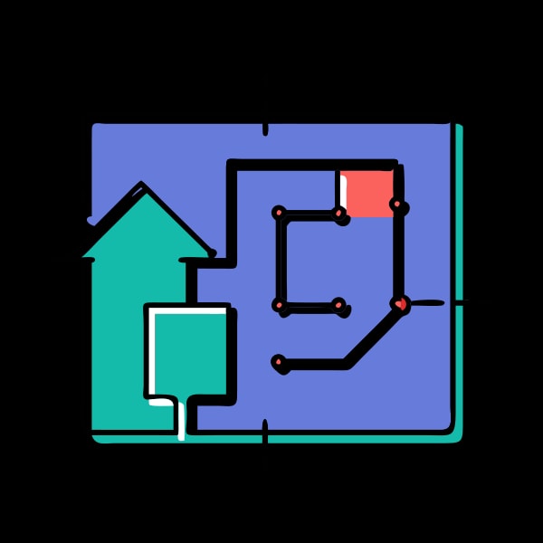 Blue And White Floor Plan Of A House With Red Arrows Pointing To Different Rooms — Stock Vector