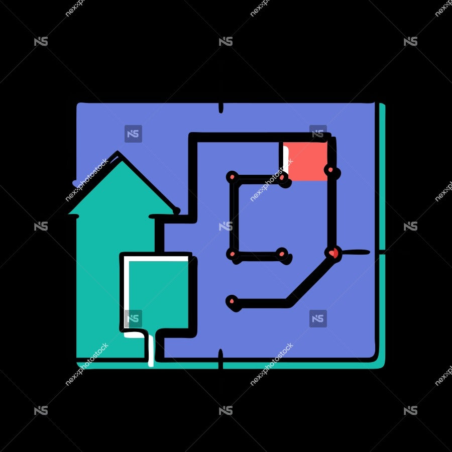 Blue And White Floor Plan Of A House With Red Arrows Pointing To Different Rooms — Stock Vector