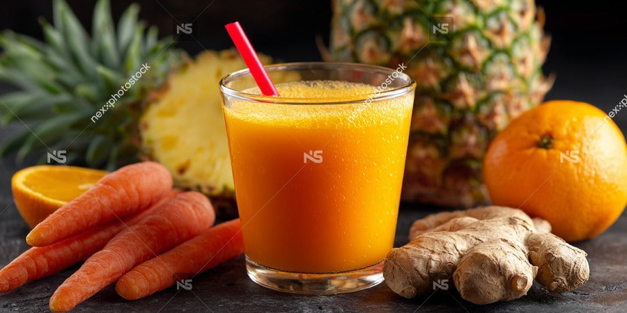 A Glass Of Fresh Fruit Smoothie With Carrots And Ginger Accompanied By A Plate Of Sliced Pineapple And Oranges — Stock Photo
