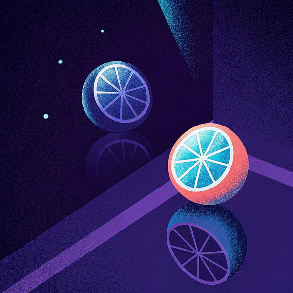 Illustration Of Two Oranges And A Lemon On A Purple Surface Against A Dark Background — Stock Illustration