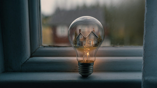 A Lightbulb With A Small Glowing House Inside It Is Placed On A Windowsill — Stock Photo