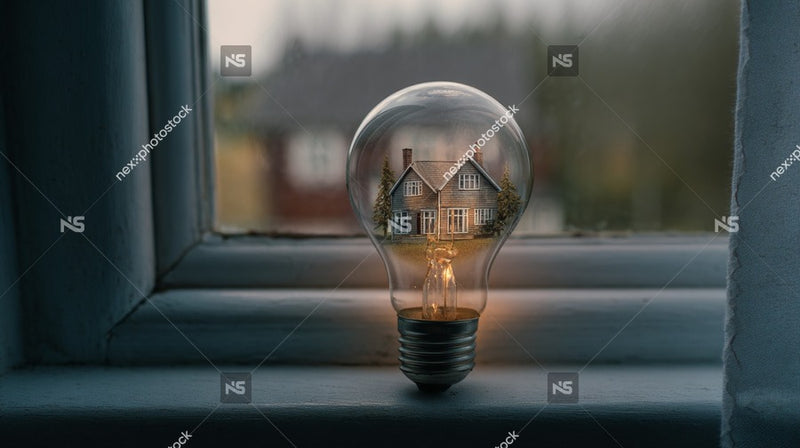 A Lightbulb With A Small Glowing House Inside It Is Placed On A Windowsill — Stock Photo