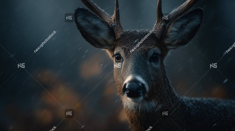 A Deer Stands Amidst A Rainy Night Its Eyes Reflecting The Dim Light Of The Surroundings — Stock Photo