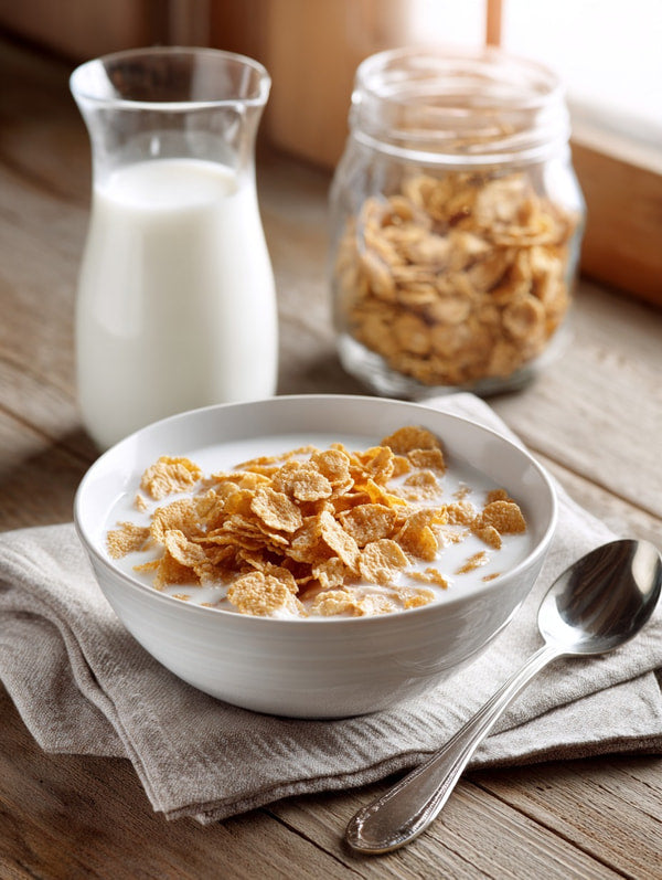 A Bowl Of Cereal Sits On A Wooden Table Accompanied By A Glass Jar Of Milk And A Spoon — Stock Photo