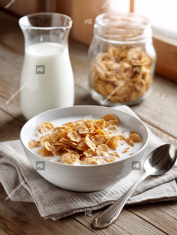 A Bowl Of Cereal Sits On A Wooden Table Accompanied By A Glass Jar Of Milk And A Spoon — Stock Photo