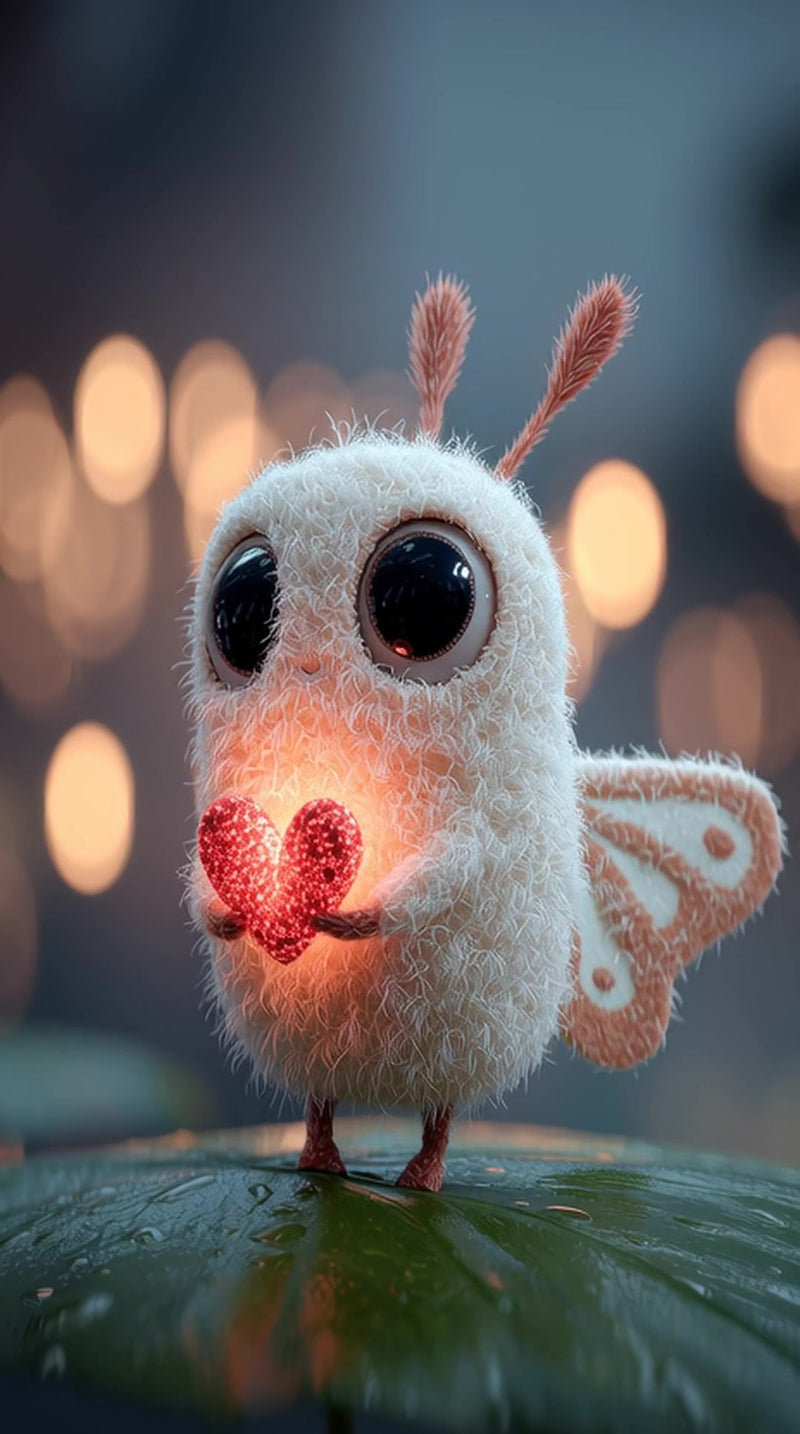 features a small plush toy resembling an owl with glowing eyes and antennae standing on a leaf - Stock Video