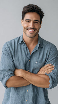 A Man Posing For A Portrait Wearing A Blue Denim Shirt And Standing Against A White Background — Stock Photo