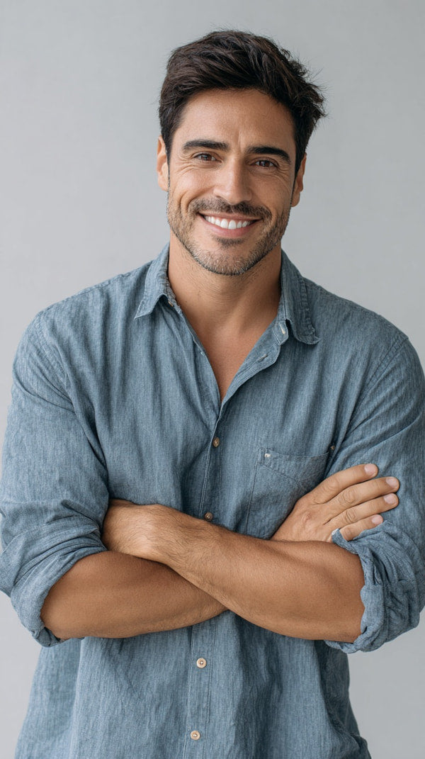 A Man Posing For A Portrait Wearing A Blue Denim Shirt And Standing Against A White Background — Stock Photo