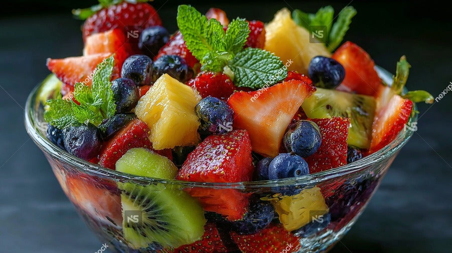 A Bowl Of Fresh Fruit Salad Including Strawberries And Blueberries Garnished With Mint Leaves — Stock Photo