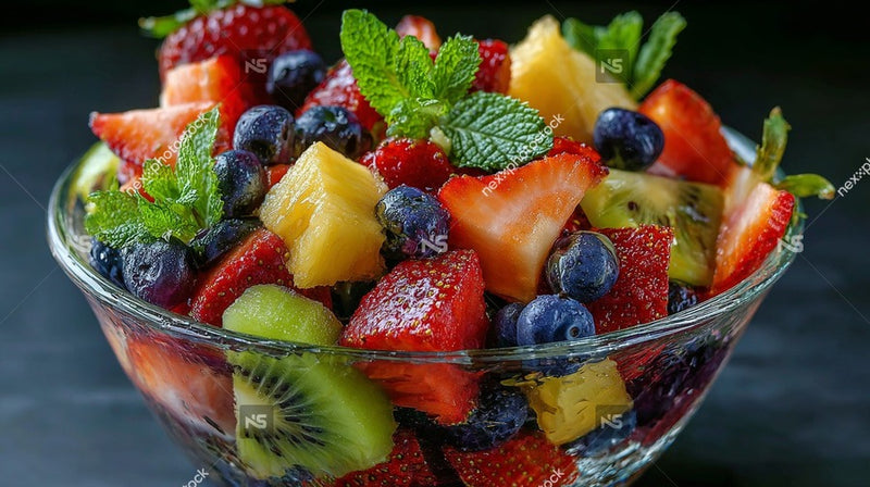 A Bowl Of Fresh Fruit Salad Including Strawberries And Blueberries Garnished With Mint Leaves — Stock Photo