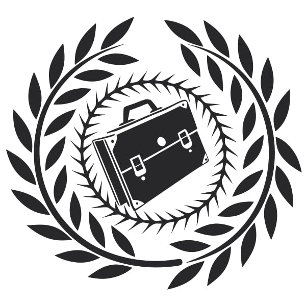 Black And White Illustration Of A Suitcase With A Laurel Wreath Around It Symbolizing Achievement Victory — Stock Vector