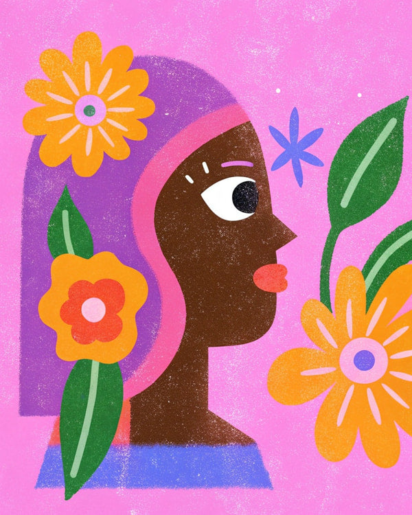 A Person With A Floral Pattern On Their Head Surrounded By Flowers — Stock Illustration