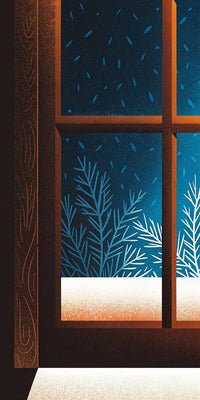 A Window With Snow Outside A View Of A Snowy Landscape During Nighttime — Stock Illustration