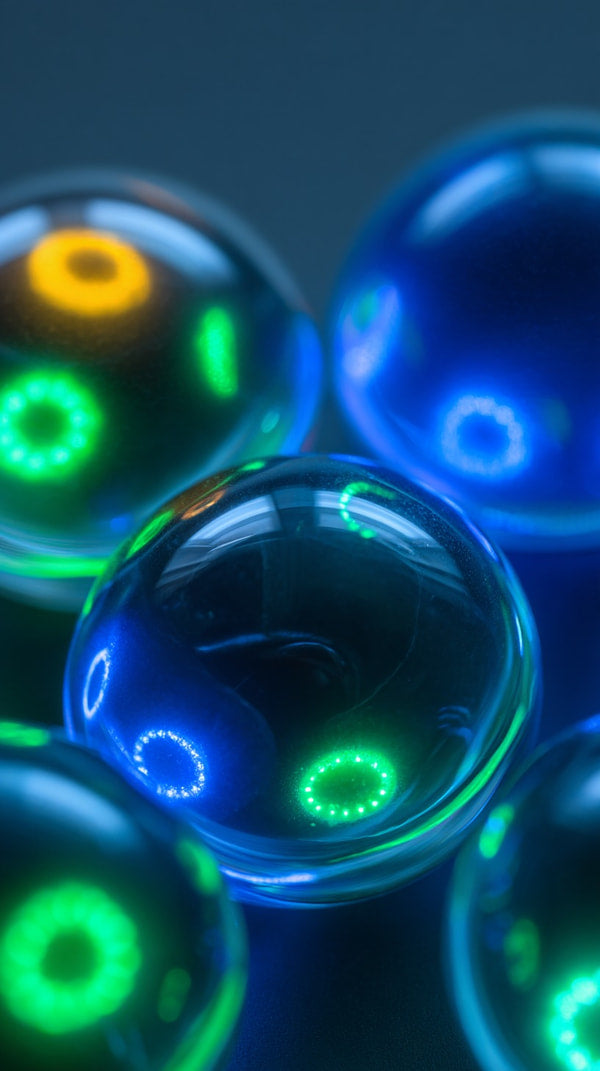 Colorful Glass Spheres With Blue And Green Lights Illuminated From Within Set Against A Dark Background — Stock Photo