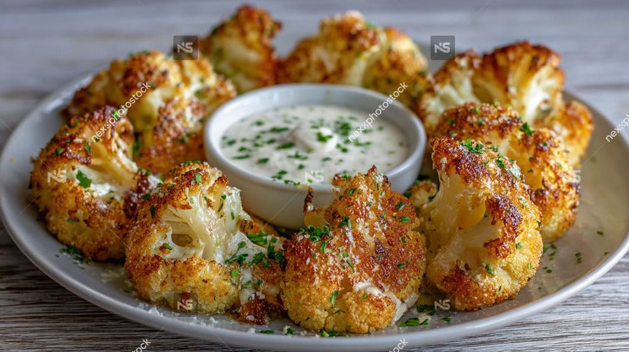 Crispy Cauliflower Florets Served On A Plate With Dipping Sauce — Stock Photo