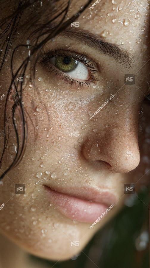 A Close Up Portrait Of A Woman With Raindrops On Her Face Captured From A Side Angle — Stock Photo