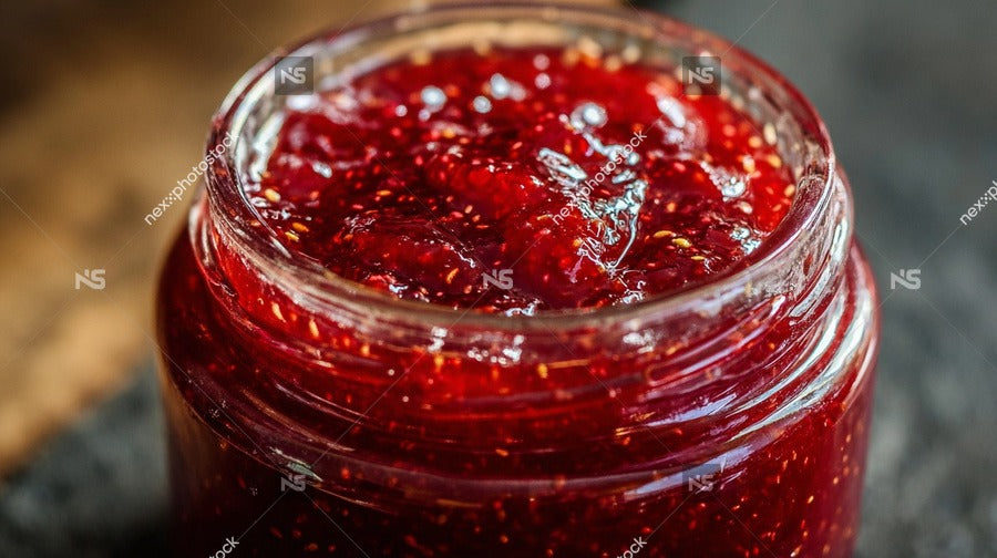 A Jar Of Red Berry Jam With A Visible Texture And Specks Of Fruit Pieces — Stock Photo
