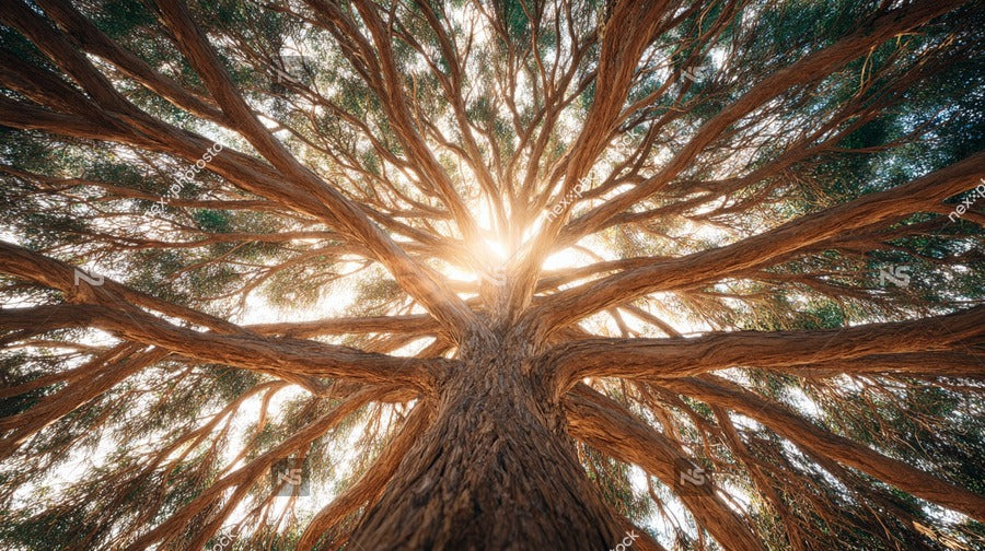 Ancient Tree Canopy With Sunlight Filtering Through Branches And Leaves Creating A Effect On The Sky — Stock Photo
