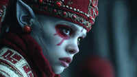 Depicts A Character Dressed As An Elven Queen Wearing A Red Crown And Adorned With Intricate Jewelry — Stock Photo