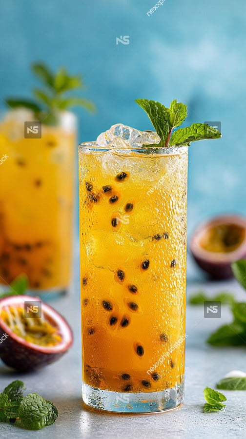 Refreshing Tropical Drink Garnished With Mint And Fruit Served In A Tall Glass On A Blue Background — Stock Photo