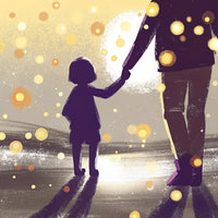 A Black And White Illustration Of A Person Holding A Child S Hand In A Field At Sunset — Stock Illustration