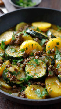 A Hearty Stew Of Zucchini And Meat Served In A Black Pot Garnished With Fresh Herbs On A Wooden Table — Stock Photo