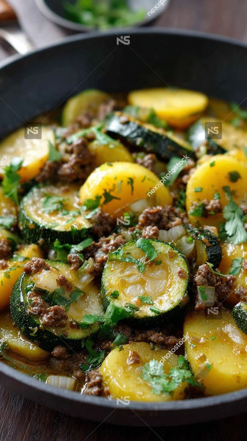 A Hearty Stew Of Zucchini And Meat Served In A Black Pot Garnished With Fresh Herbs On A Wooden Table — Stock Photo