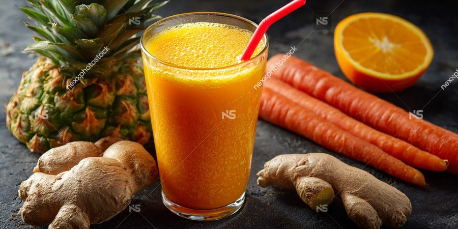 A Colorful Smoothie With Fresh Fruits And Vegetables Including Ginger Root On A Black Surface Alongside A Glass Of The Same Drink — Stock Photo
