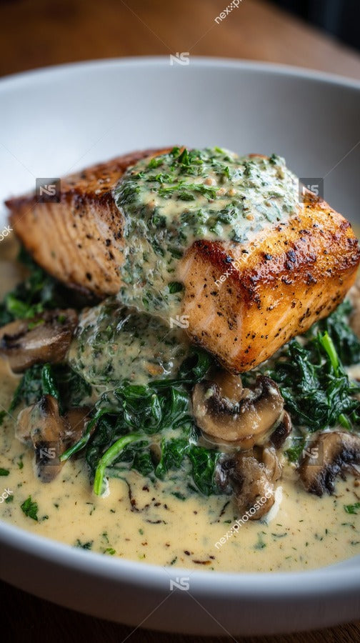A Plate Of Fish Topped With Spinach Mushrooms And A Creamy Sauce Served On A White Plate — Stock Photo