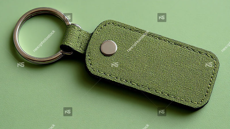 A Green Keychain With A Tag Is Placed On A Table — Stock Photo