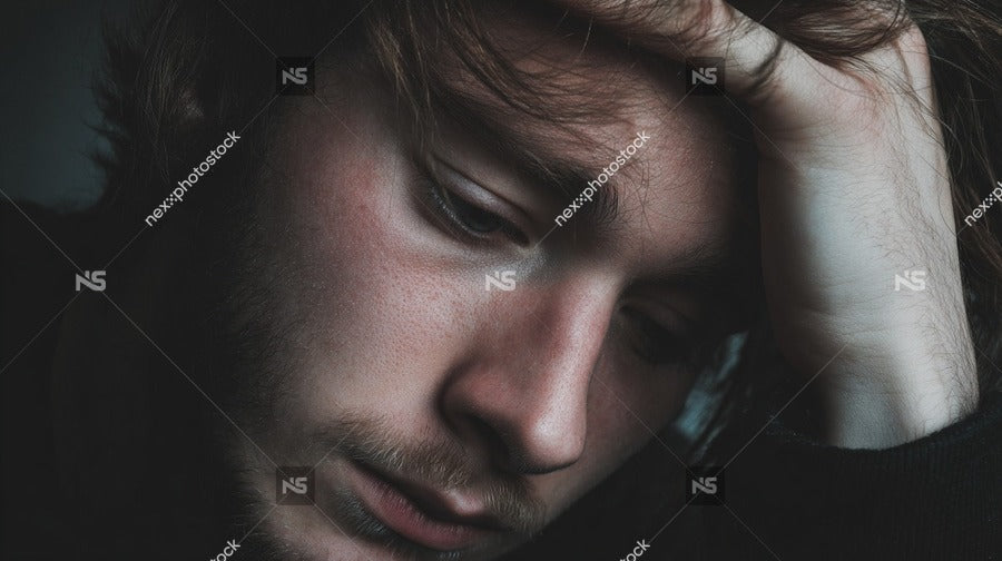 A Young Man With A Beard Holding His Head In His Hands To Be In Distress Deep Thought — Stock Photo