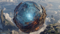 A Massive Crystal Ball Dominates A Fantastical Landscape Floating Above A Rocky Outcropping With Towering Cliffs And A Clear Blue Sky — Stock Photo
