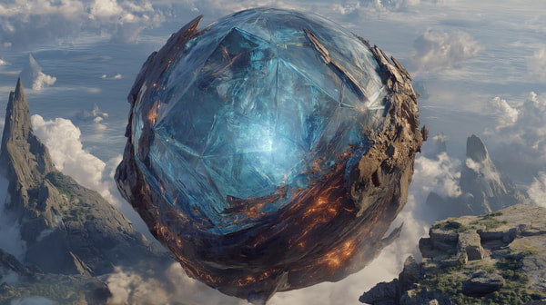 A Massive Crystal Ball Dominates A Fantastical Landscape Floating Above A Rocky Outcropping With Towering Cliffs And A Clear Blue Sky — Stock Photo