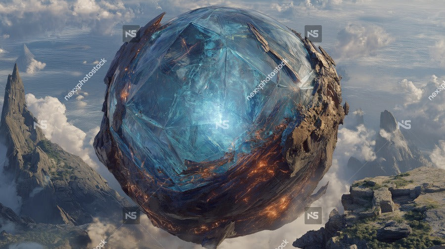 A Massive Crystal Ball Dominates A Fantastical Landscape Floating Above A Rocky Outcropping With Towering Cliffs And A Clear Blue Sky — Stock Photo
