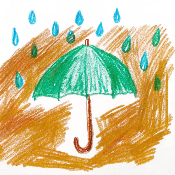 A Hand Drawn Image Of An Umbrella With Raindrops Falling Around It Set Against A Backdrop Of What To Be A Field Garden — Stock Illustration