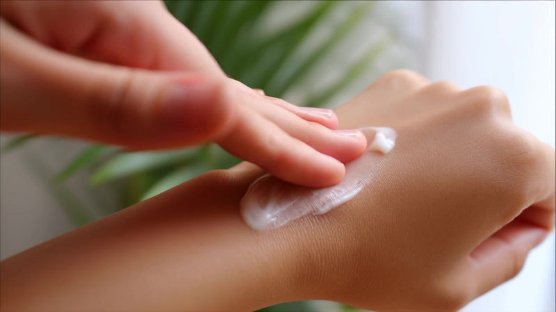 a close up image of a hand applying cream to another hand showcasing the product in use - Stock Video