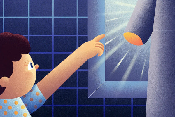 A Child Reaching Up To Touch A Light Fixture In A Room With Blue Walls And A Window — Stock Illustration
