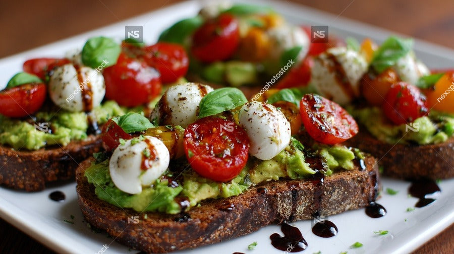 Avocado Toast With Cherry Tomatoes Fresh Basil Leaves And A Drizzle Of Olive Oil On A White Plate — Stock Photo