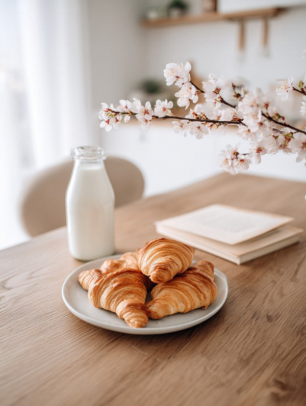 Two Croissants On A Plate Accompanied By A Glass Of Milk Set Against A Backdrop Of A White Wall And A Window — Stock Photo