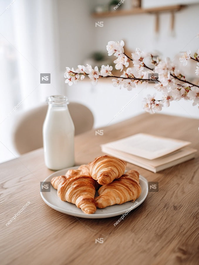 Two Croissants On A Plate Accompanied By A Glass Of Milk Set Against A Backdrop Of A White Wall And A Window — Stock Photo